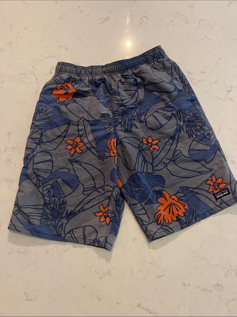 Patagonia Kids Swim Trunks — Blue and Orange Floral Print Size XL